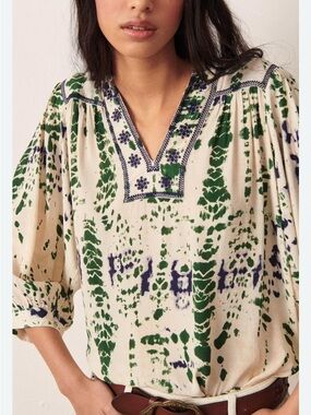 ba&sh Women’s Lady Top Cream Bohemian Tunic Tie-Dye Flowy Size M